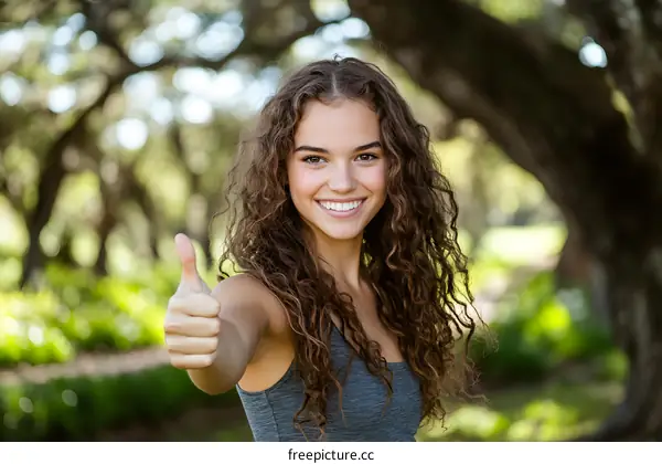 Smiling Woman Giving Thumbs Up in Park