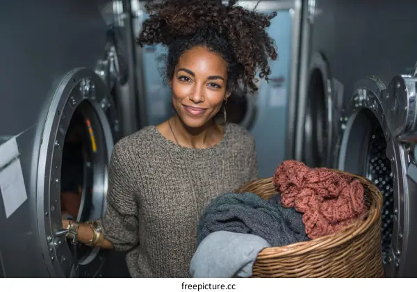 Smiling Woman Doing Laundry at a Laundromat