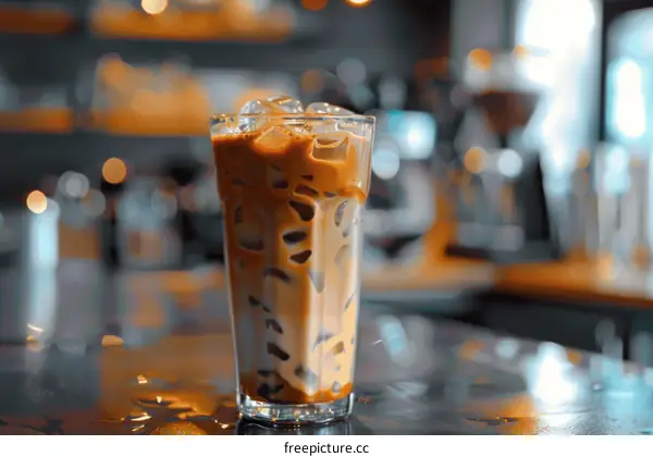 Iced coffee in a clear glass with a blurred background