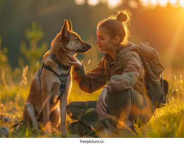 Woman hiking with her dog in the mountains