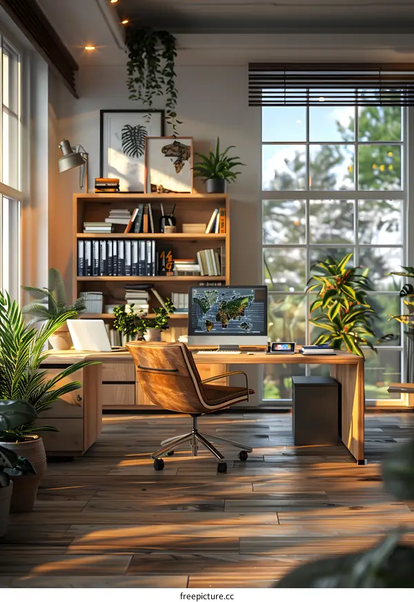 Home office interior design with large windows and plants