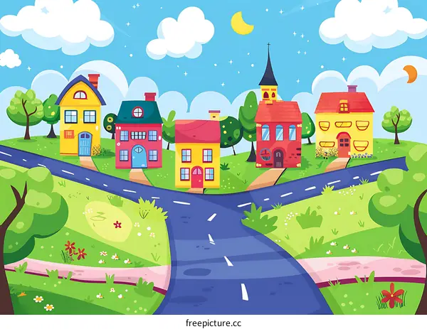 Cartoon Illustration of a Colorful Village with Houses and Roads