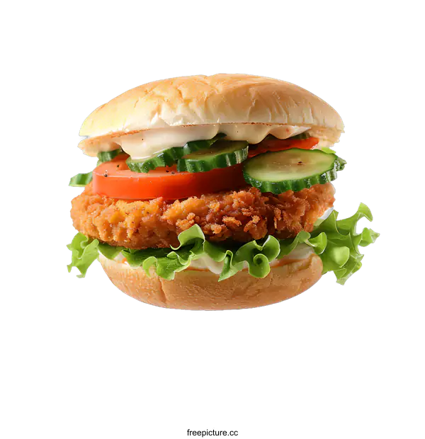 [Transparent Background PNG]Crispy Chicken Burger with Lettuce, Tomato, and Cucumber