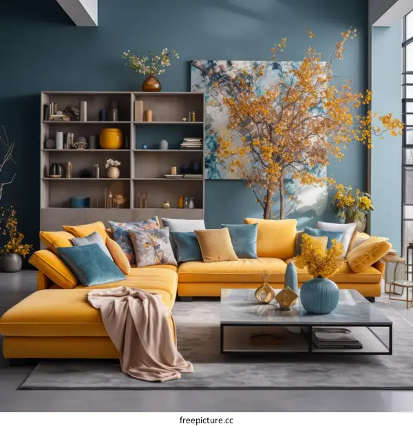 A Modern Living Room With a Yellow Sofa and Blue Accent Wall