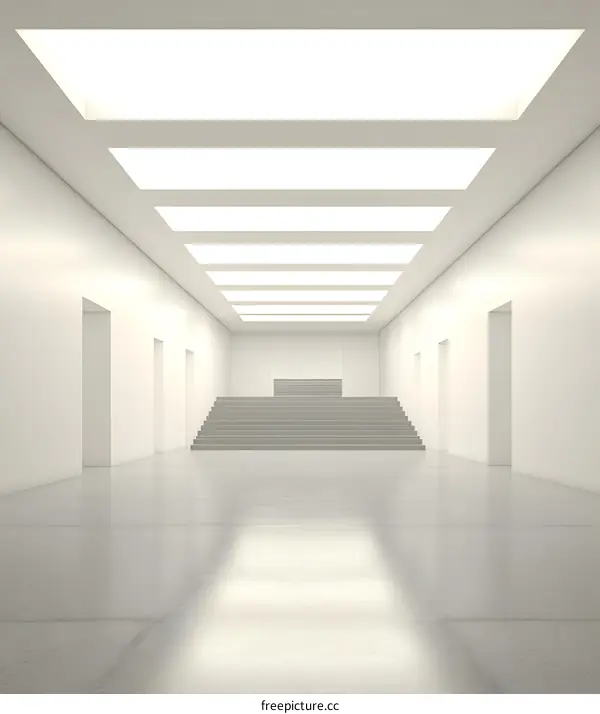 White Hallway with Stairs and Skylights