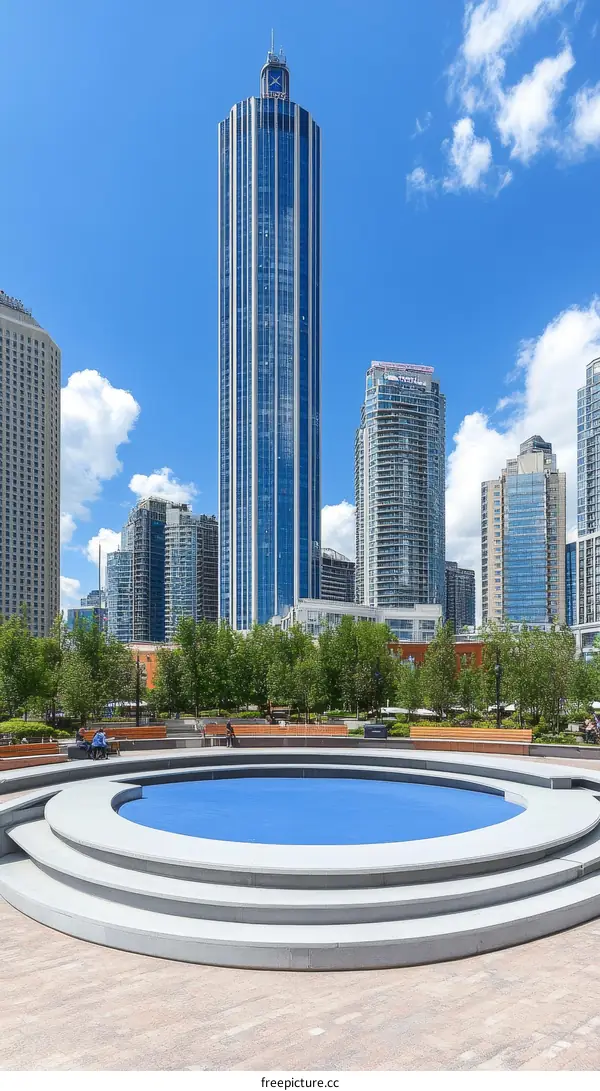 Modern City Park with a Water Feature and High-Rise Building