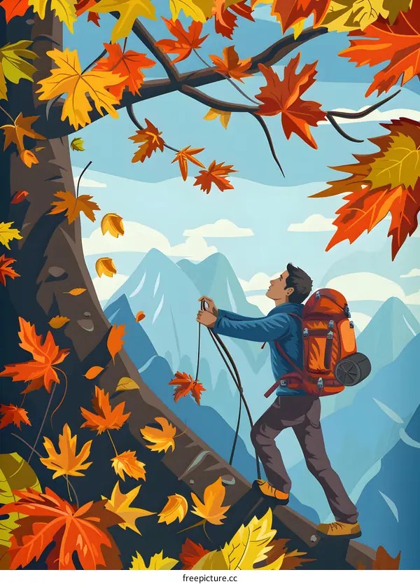Man Hiking in Autumn Mountain with Backpack