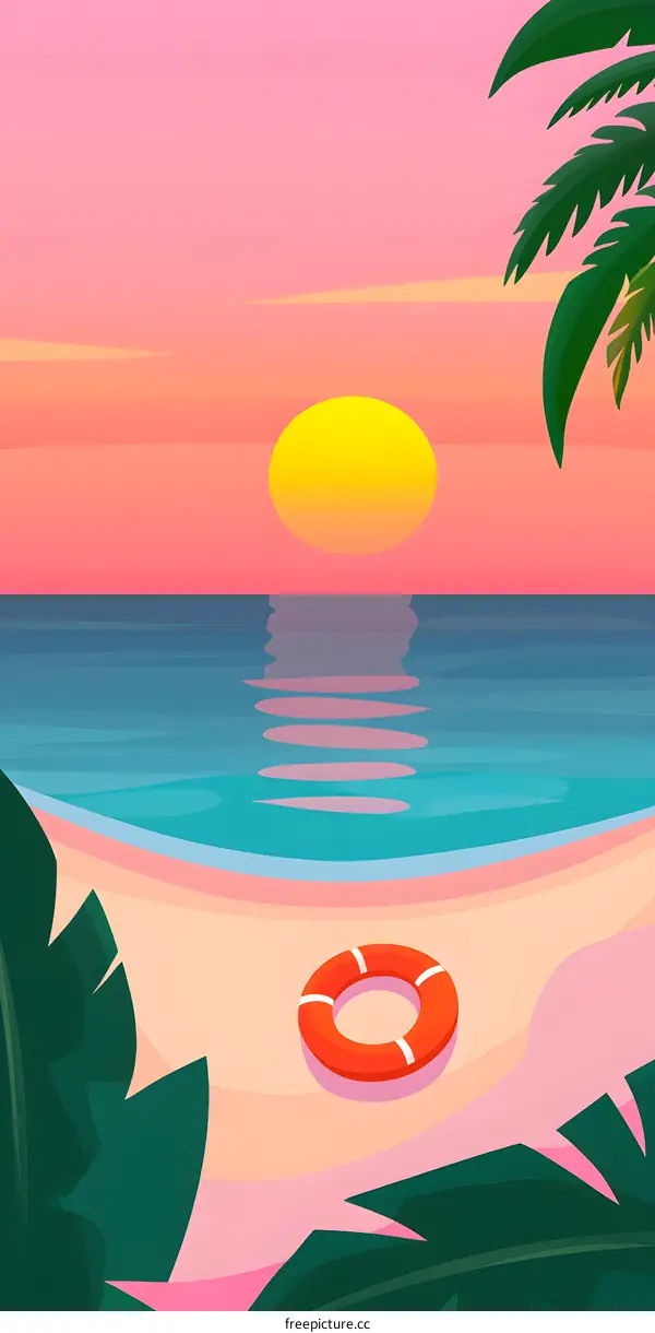 Sunset Beach with Palm Trees and Lifebuoy