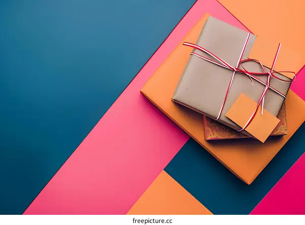 Stack of Colorful Presents with Brown Ribbon