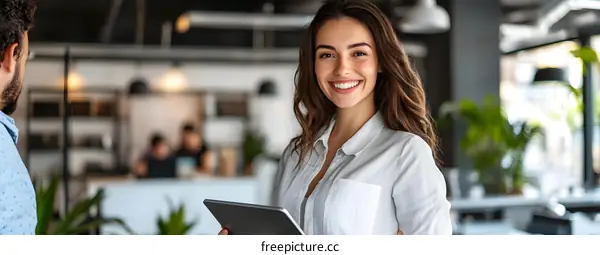 Smiling Businesswoman Holding Tablet In Modern Office