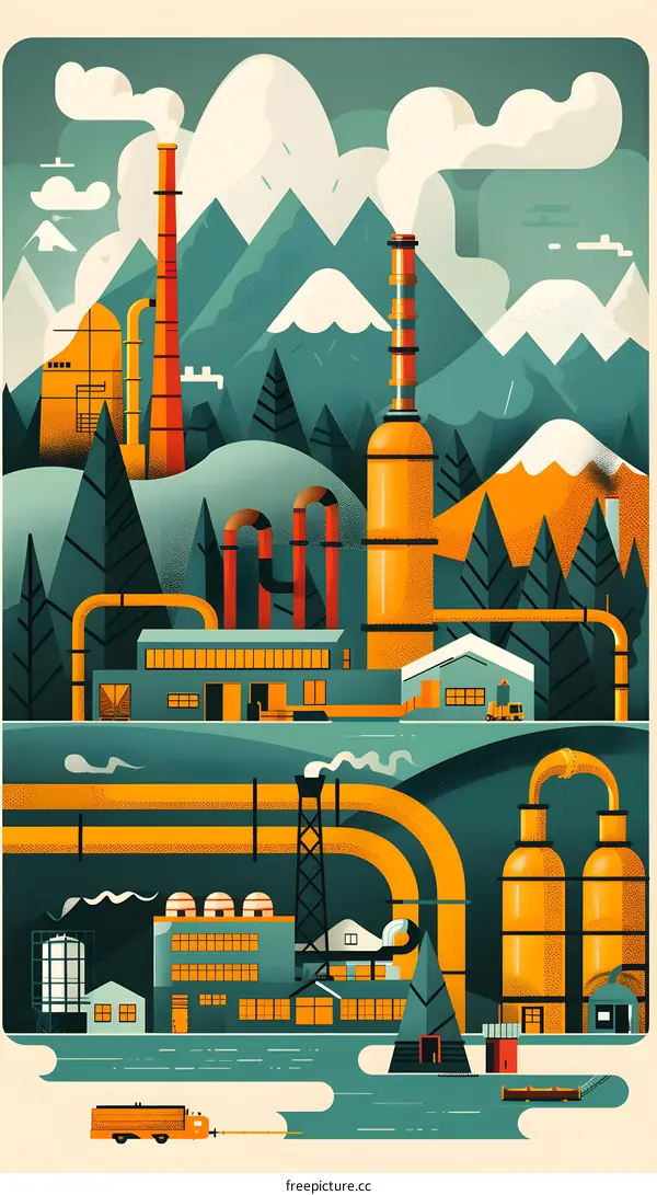 Industrial Factory Buildings With Mountain Background Illustration