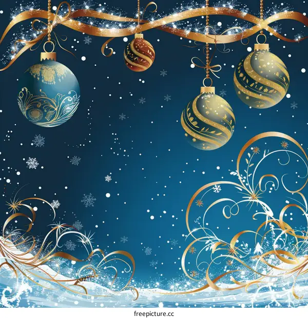 Blue and Gold Christmas Ornaments on a Festive Background
