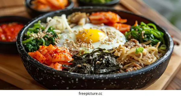 Korean Food Bibimbap Rice Bowl with Egg and Vegetables
