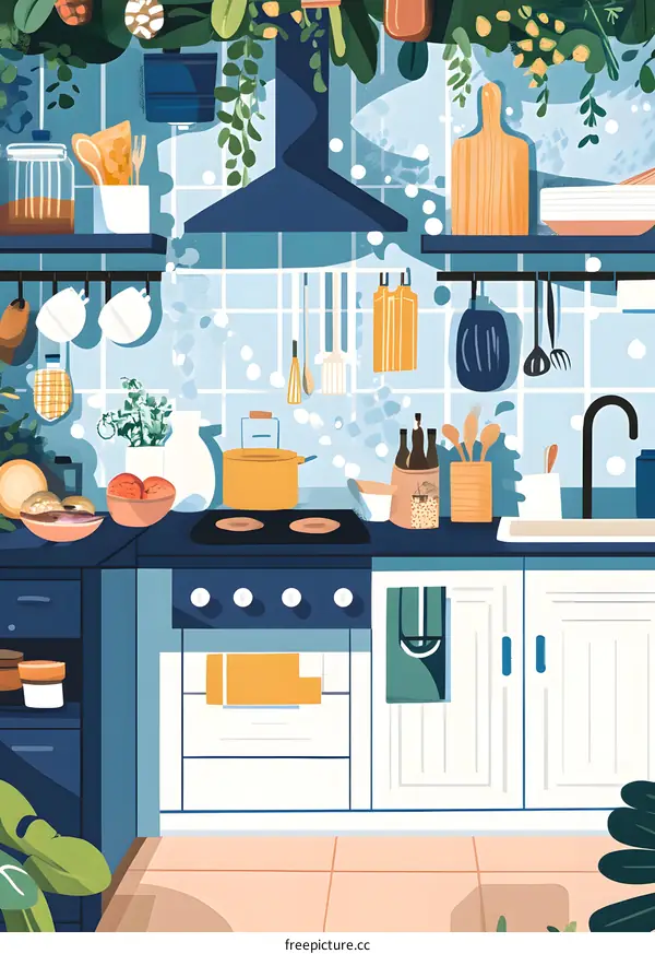 Modern Kitchen Interior Illustration With Plants