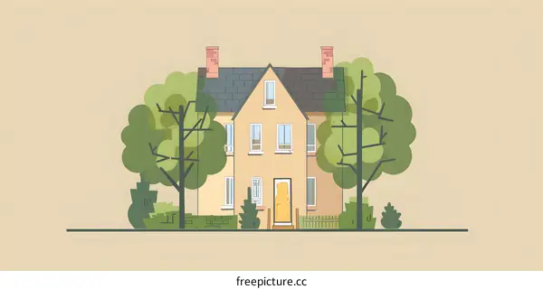 Yellow House With Green Trees Illustration