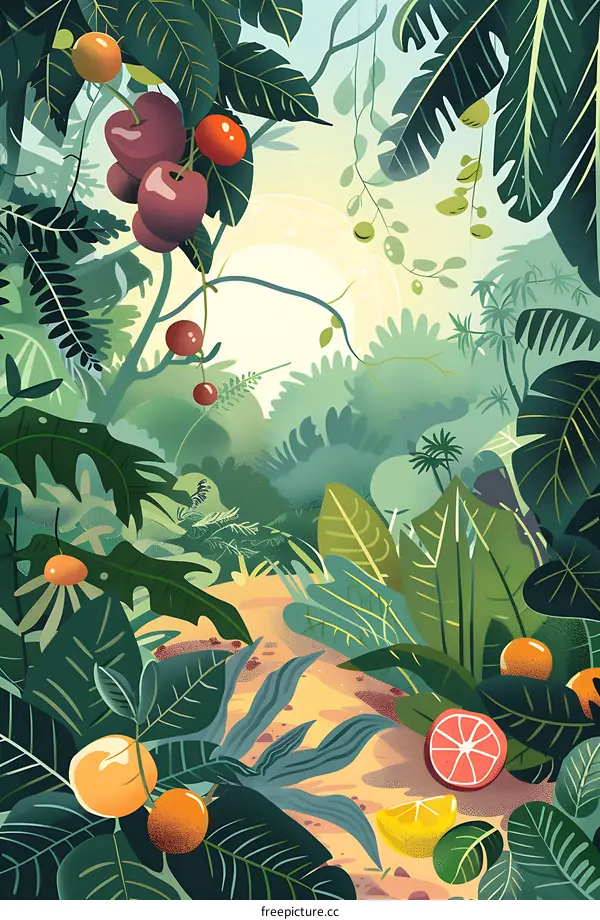 Tropical Rainforest Illustration With Fruits