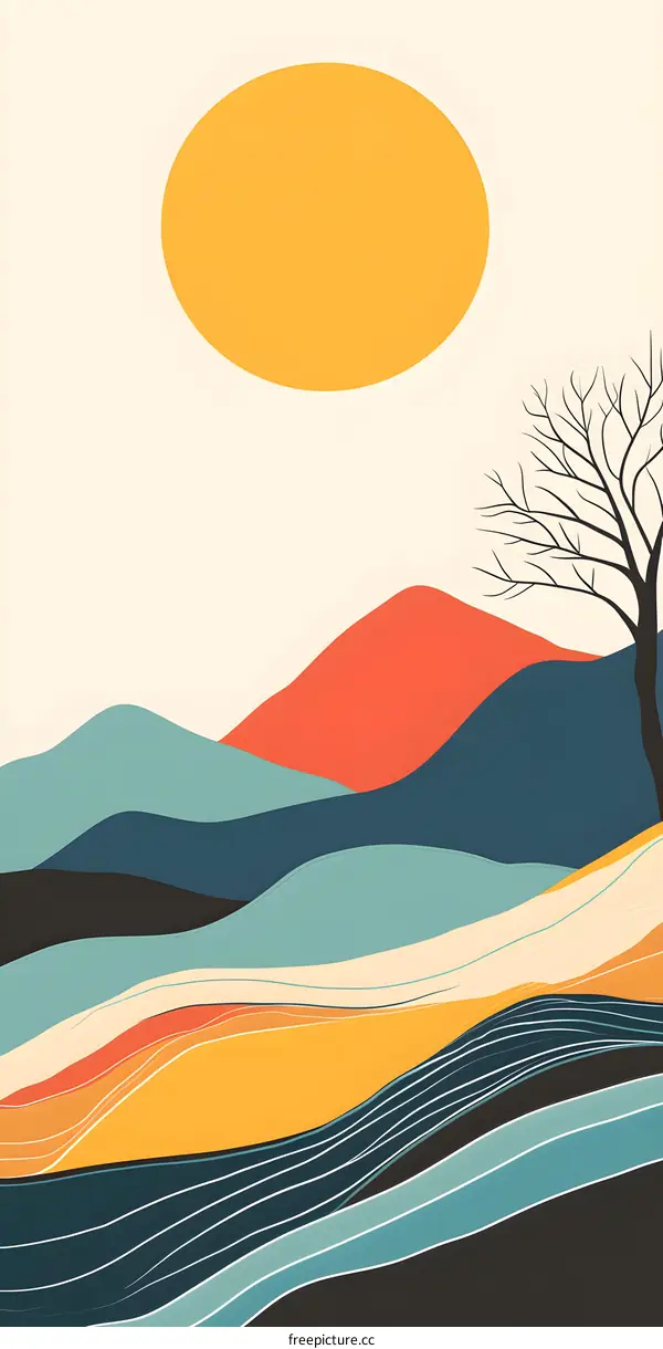 Abstract Mountain Landscape With Minimalist Sun And Tree