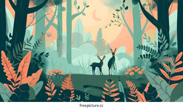 Two Rabbits in the Forest at Sunset