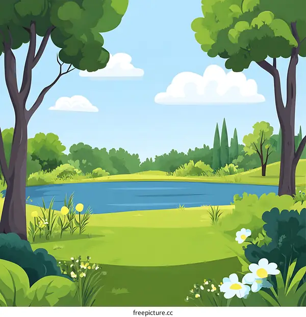 Beautiful Summer Landscape with Pond and Trees