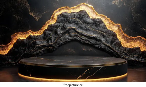 Luxury Black Marble Podium Display with Golden Mountain Background