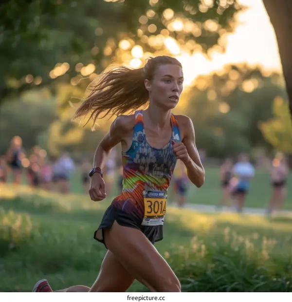 Young Caucasian female runner competing in a cross-country race