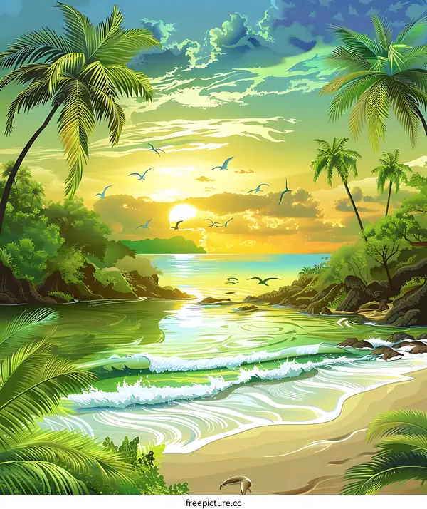 Tropical Sunset Beach with Palm Trees