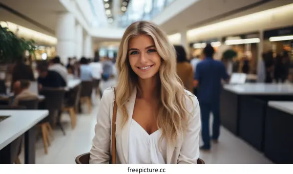 Portrait of a beautiful young woman with blonde hair and blue eyes smiling at the camera in a shopping mall