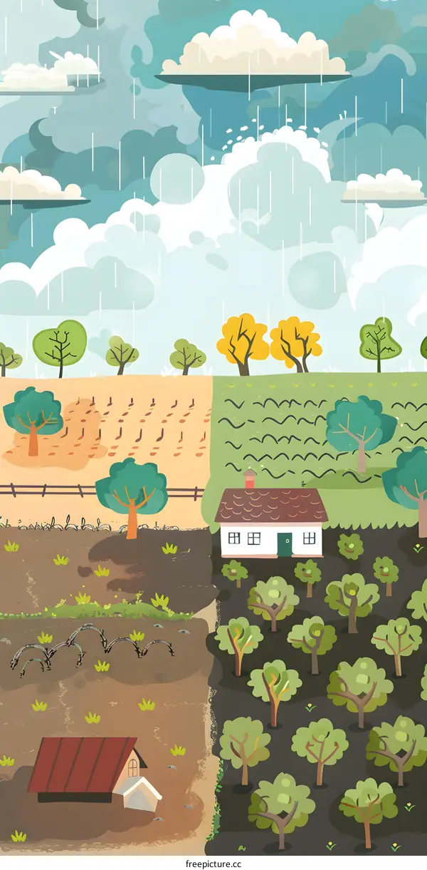 Cartoon Illustration of a Rainy Day Landscape with Two Houses