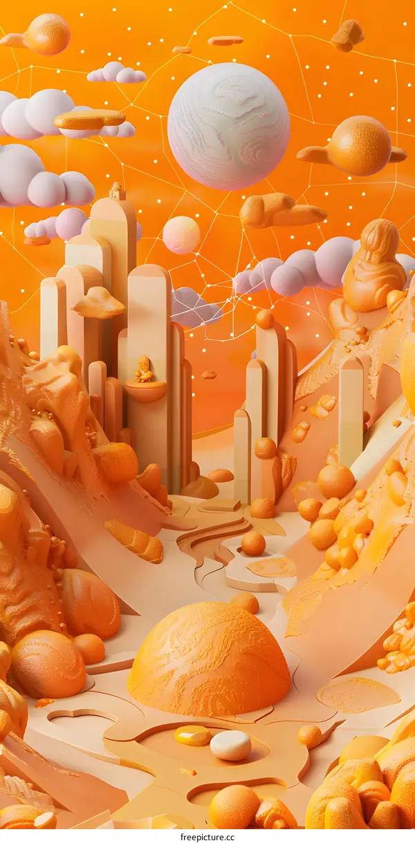 3D Orange Abstract Landscape with Floating Clouds and Planets