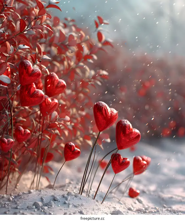 Red heart-shaped flowers growing in the snow