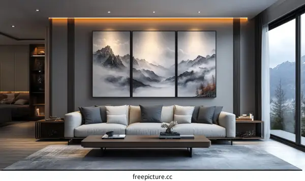 Modern Living Room Interior with Mountain Artwork