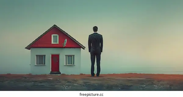 Man in a Suit Standing in Front of a Red Roofed House