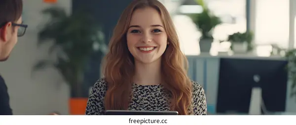 Smiling Businesswoman Holding Tablet in Office