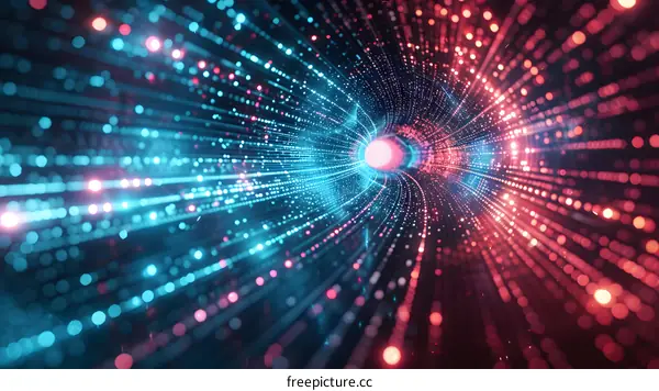 Blue and red glowing particles form a tunnel