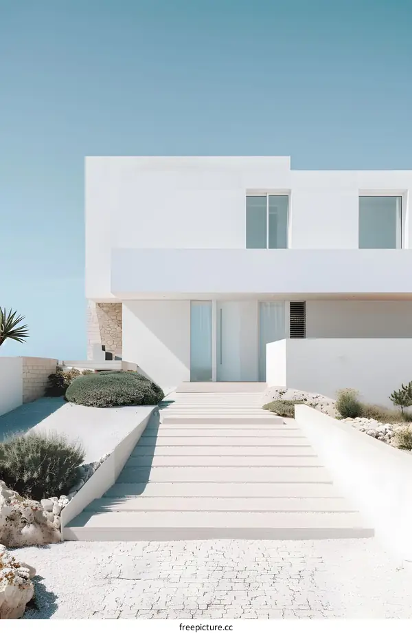 Minimalist Modern White House Exterior With Steps Leading To Entrance