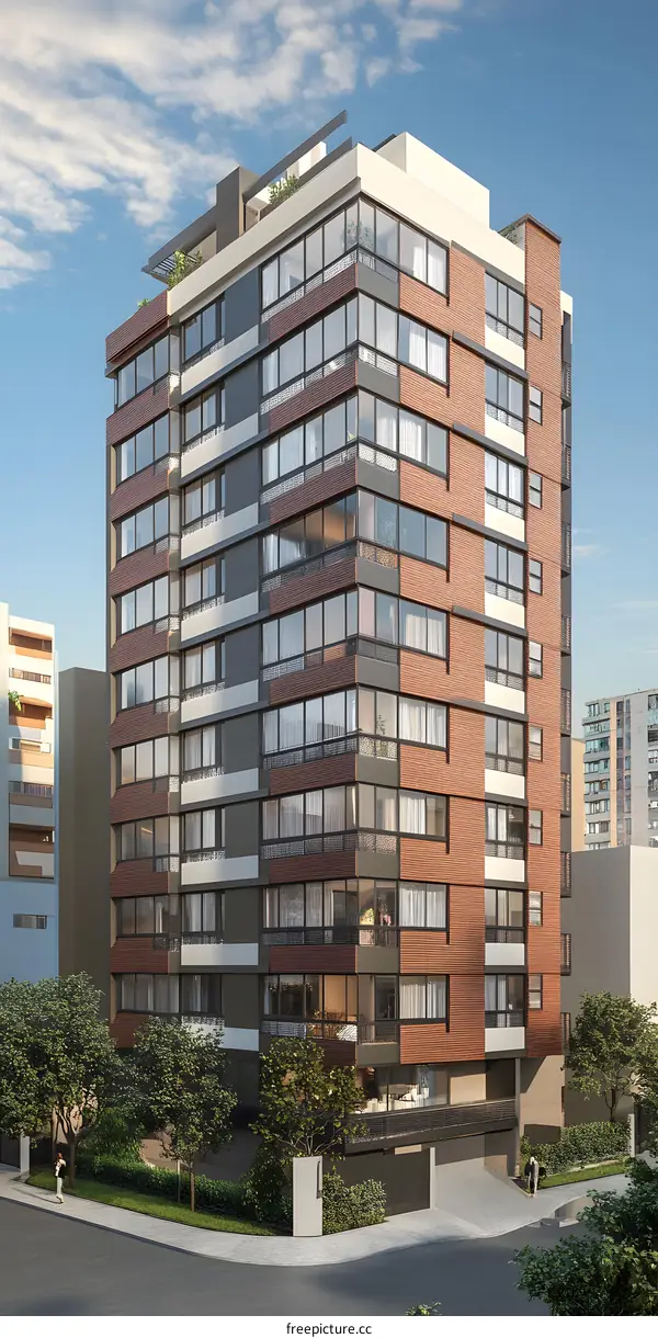 Modern Apartment Building with Brown Brick Facade