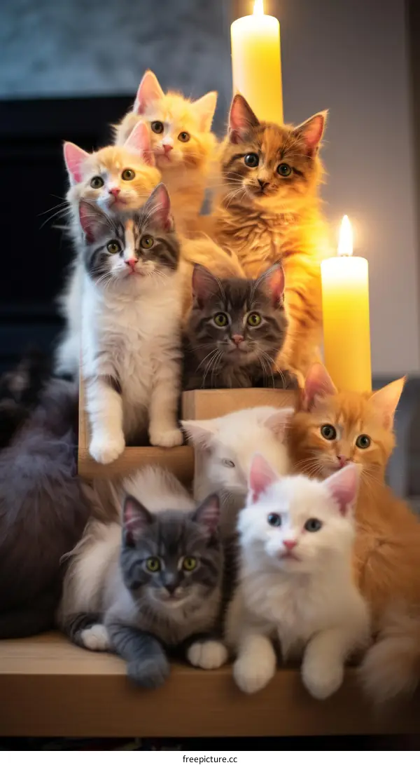 A group of kittens sitting around two candles