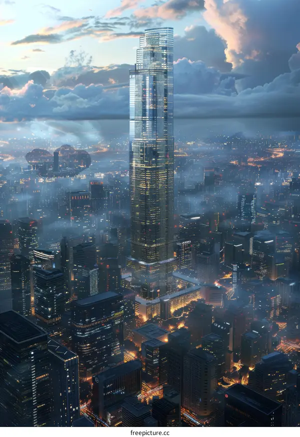 Futuristic City Skyline with Tall Skyscraper