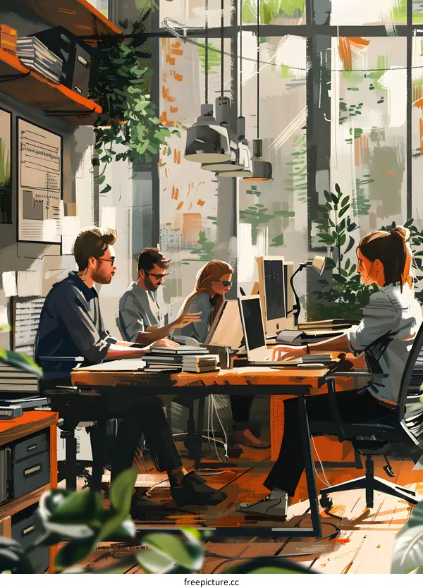 A group of people working in a creative office space