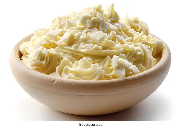 White chocolate shavings in a ceramic bowl