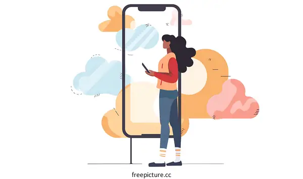 Woman Standing Inside a Big Smartphone with Clouds