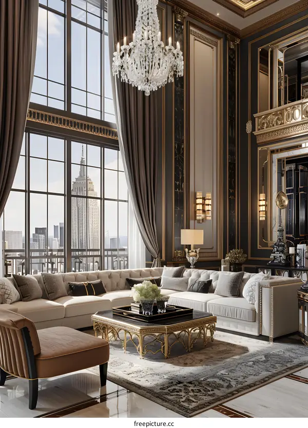 Modern Luxury Living Room with City Skyline View