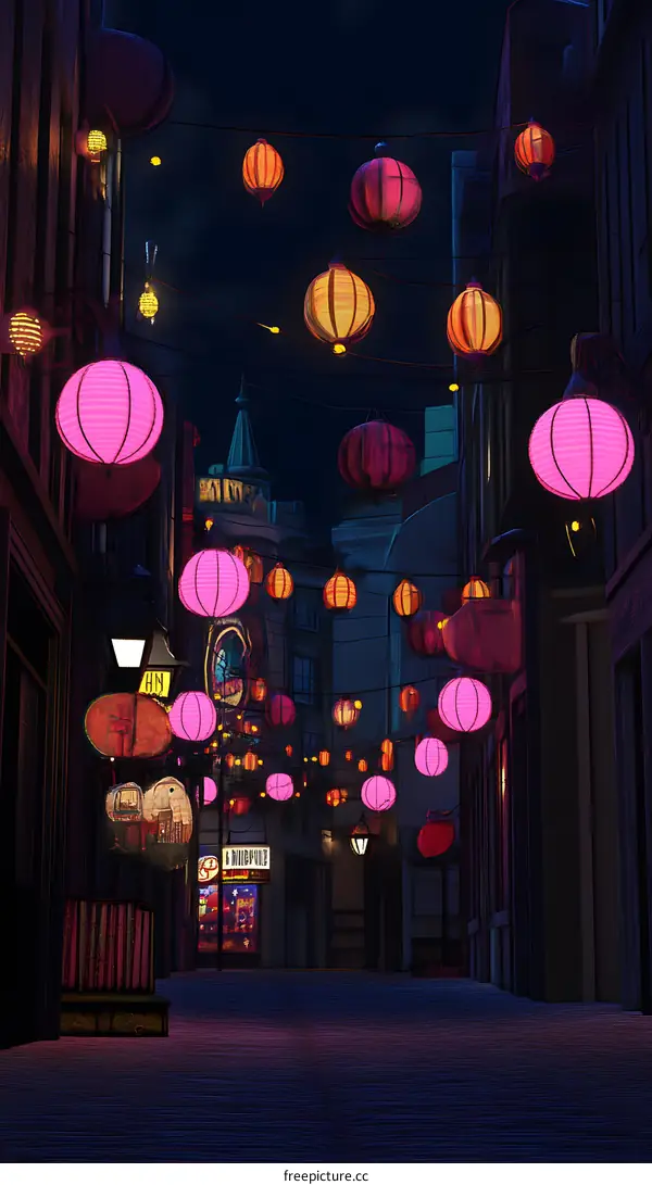 Night Street With Pink Lanterns