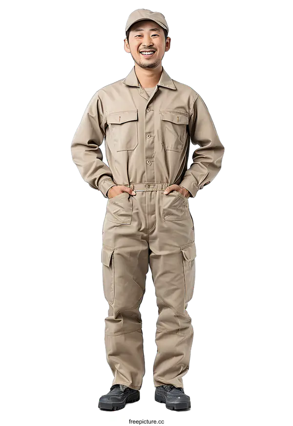 [Transparent Background PNG]Smiling man wearing beige jumpsuit