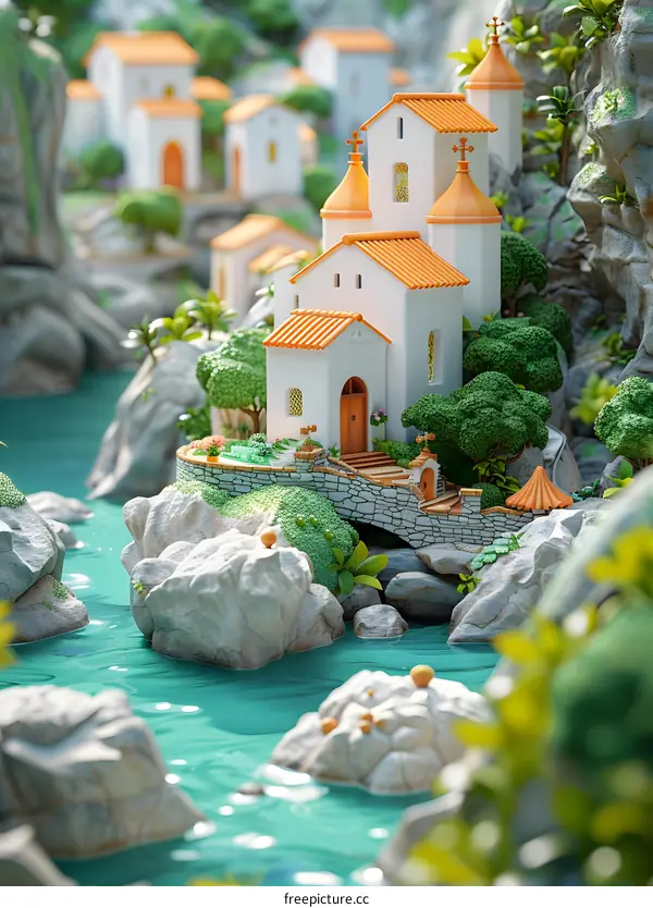 3D Illustration of a White Church with Orange Roof on a Hillside