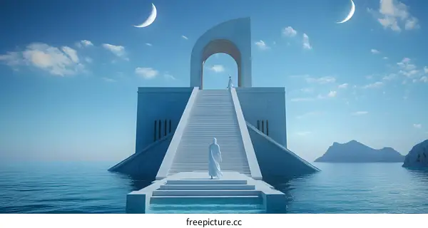 Two Figures Walking Up Stairs To An Archway In The Sea