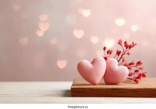 Two Pink Hearts on a Wooden Board Romantic Valentines Day