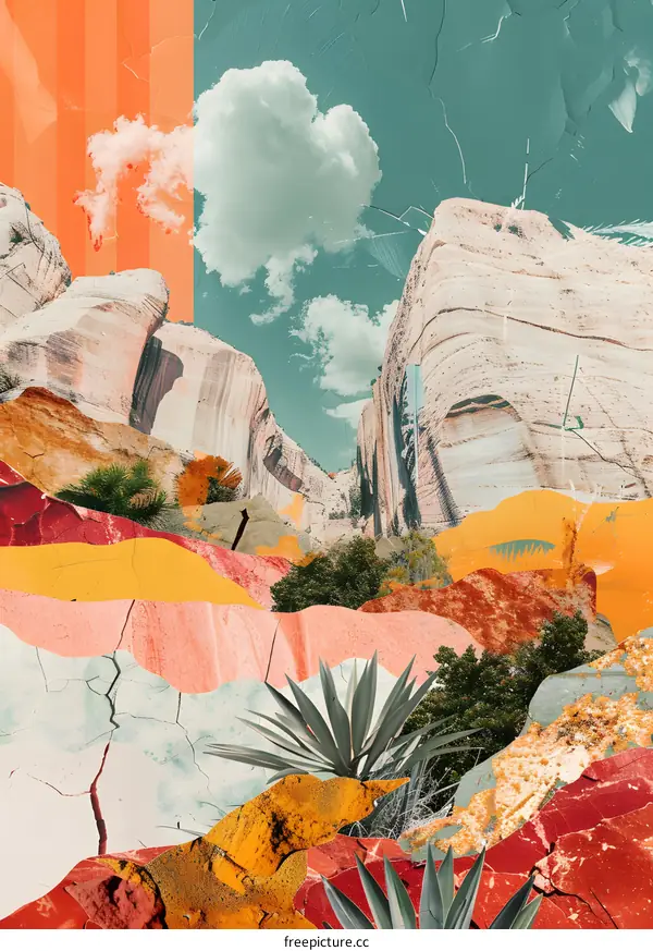 Abstract Landscape Collage with Mountain and Plants