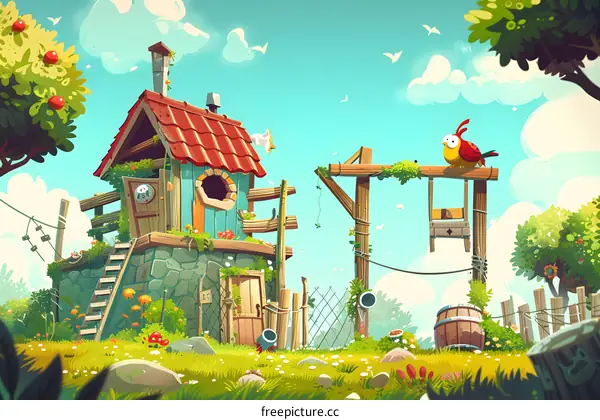 Cute Cartoon Illustration of a Small House with Red Roof in a Garden