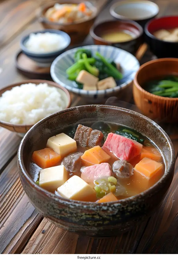 Japanese stew with tofu, beef, vegetables, and rice